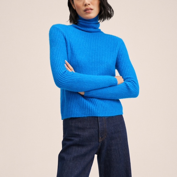 Electric Blue Rolled Turtle Neck Cable Sweater - Picture 1 of 8